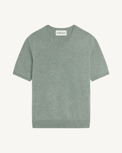 Col rond manches courtes-VERT DE GRIS-100% cachemire