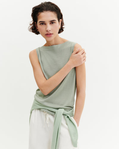 Débardeur col bateau-VERT AMANDE-70% cachemire 30% soie