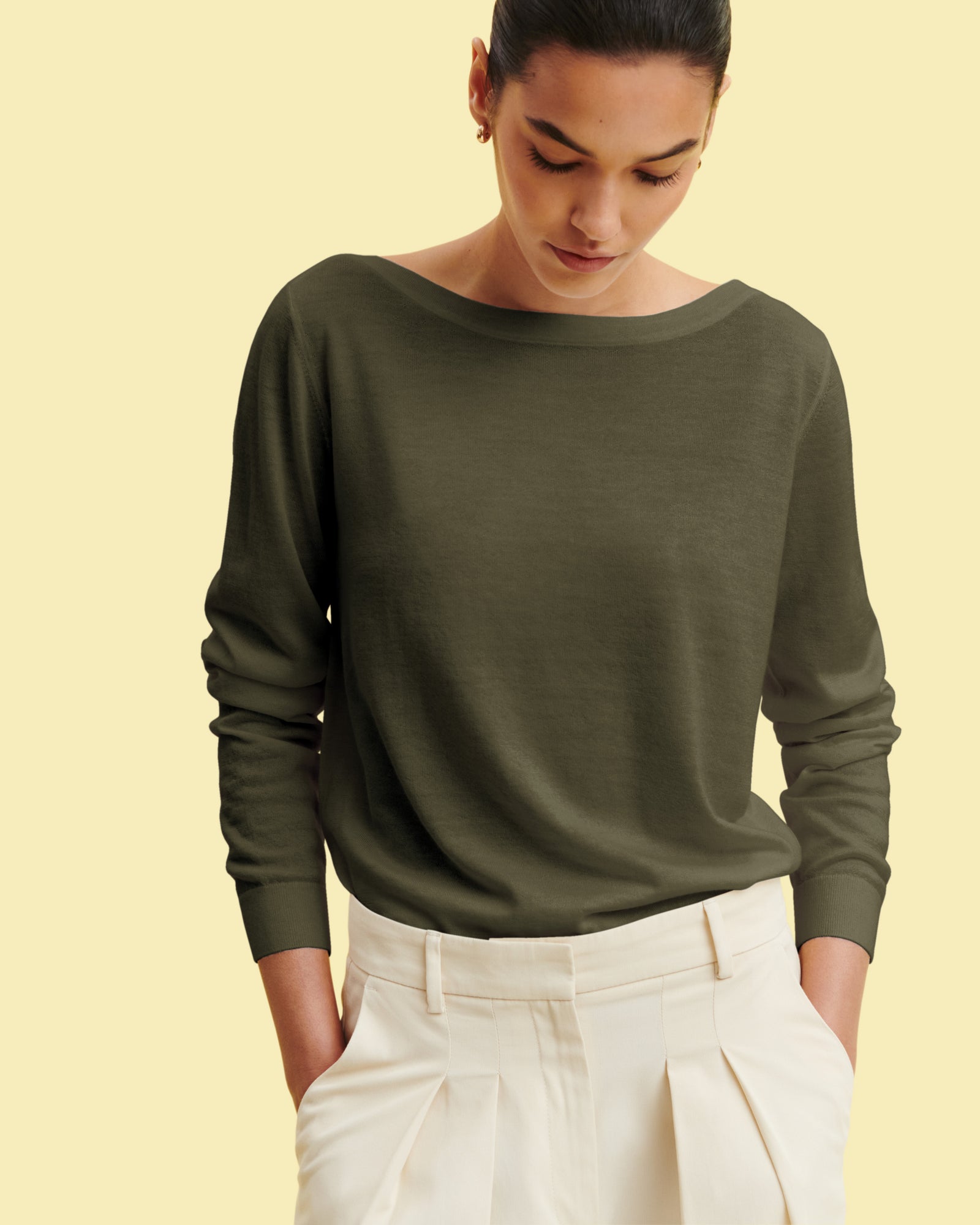 Col bateau ultrafin-KAKI KOMBU-100% cachemire