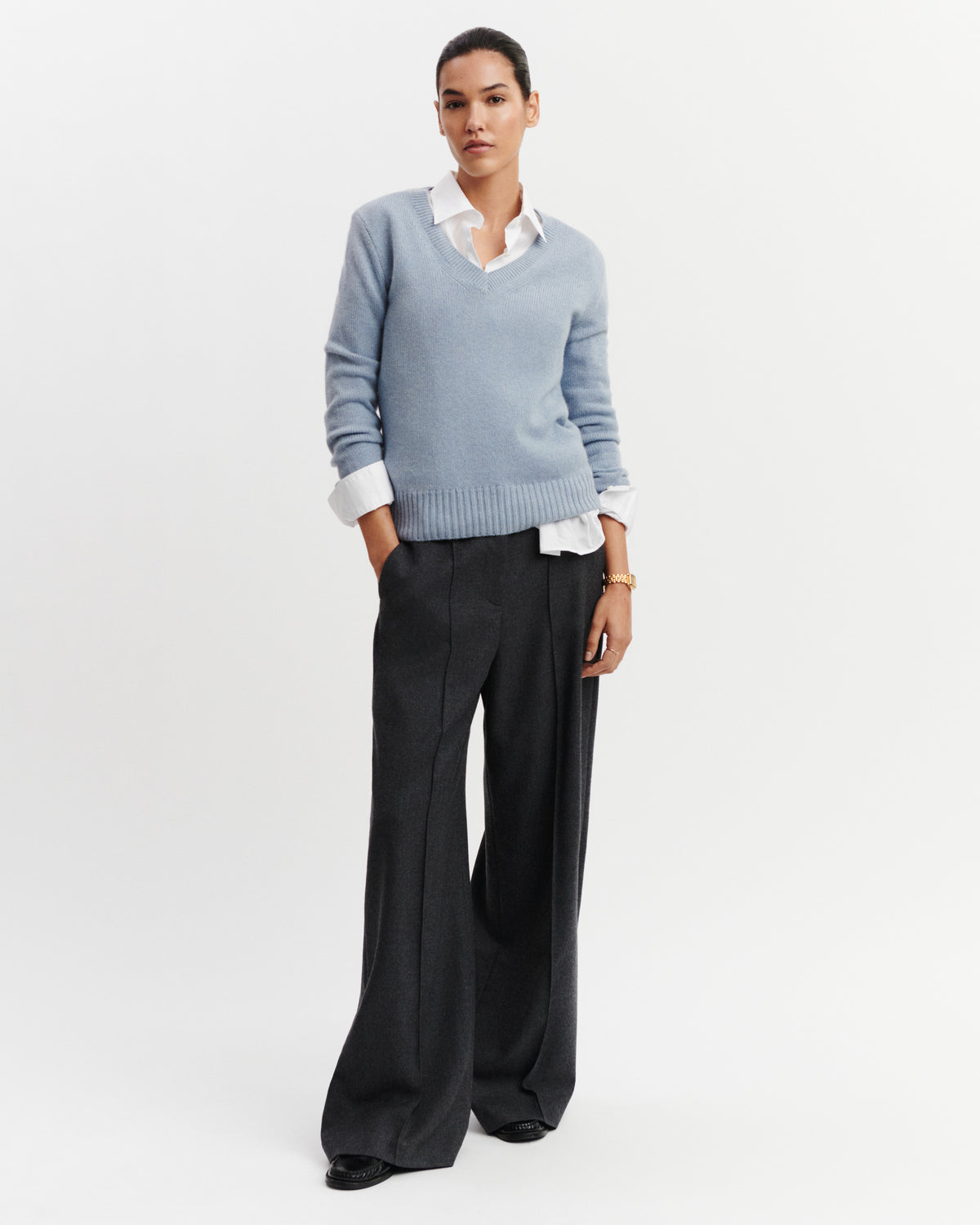 Pull col V Louise-BLEU GLACIER-100% cachemire