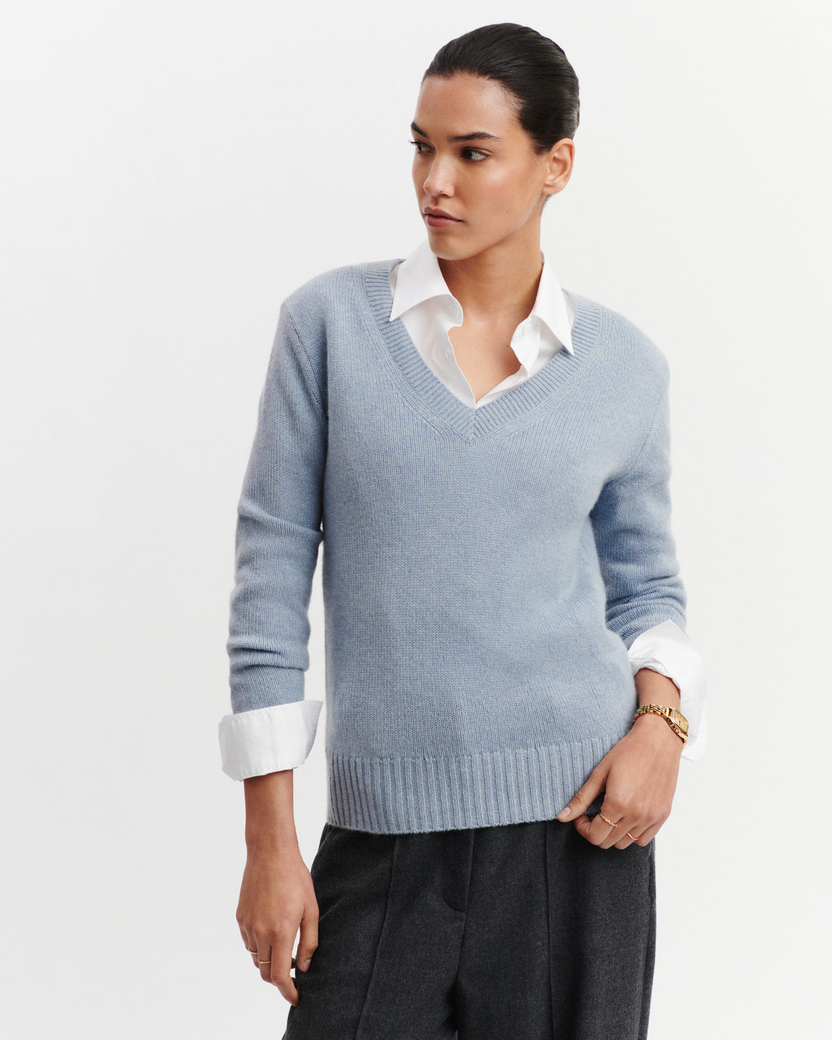 Pull col V Louise-BLEU GLACIER-100% cachemire
