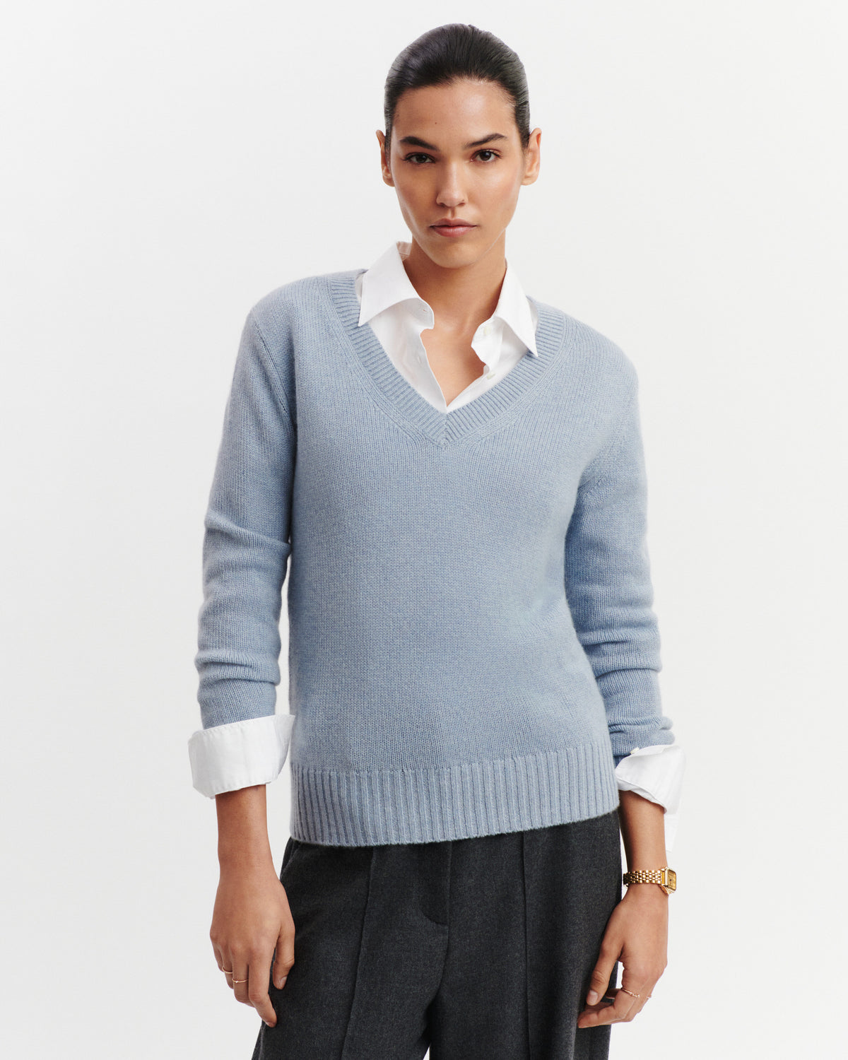 Pull col V Louise-BLEU GLACIER-100% cachemire