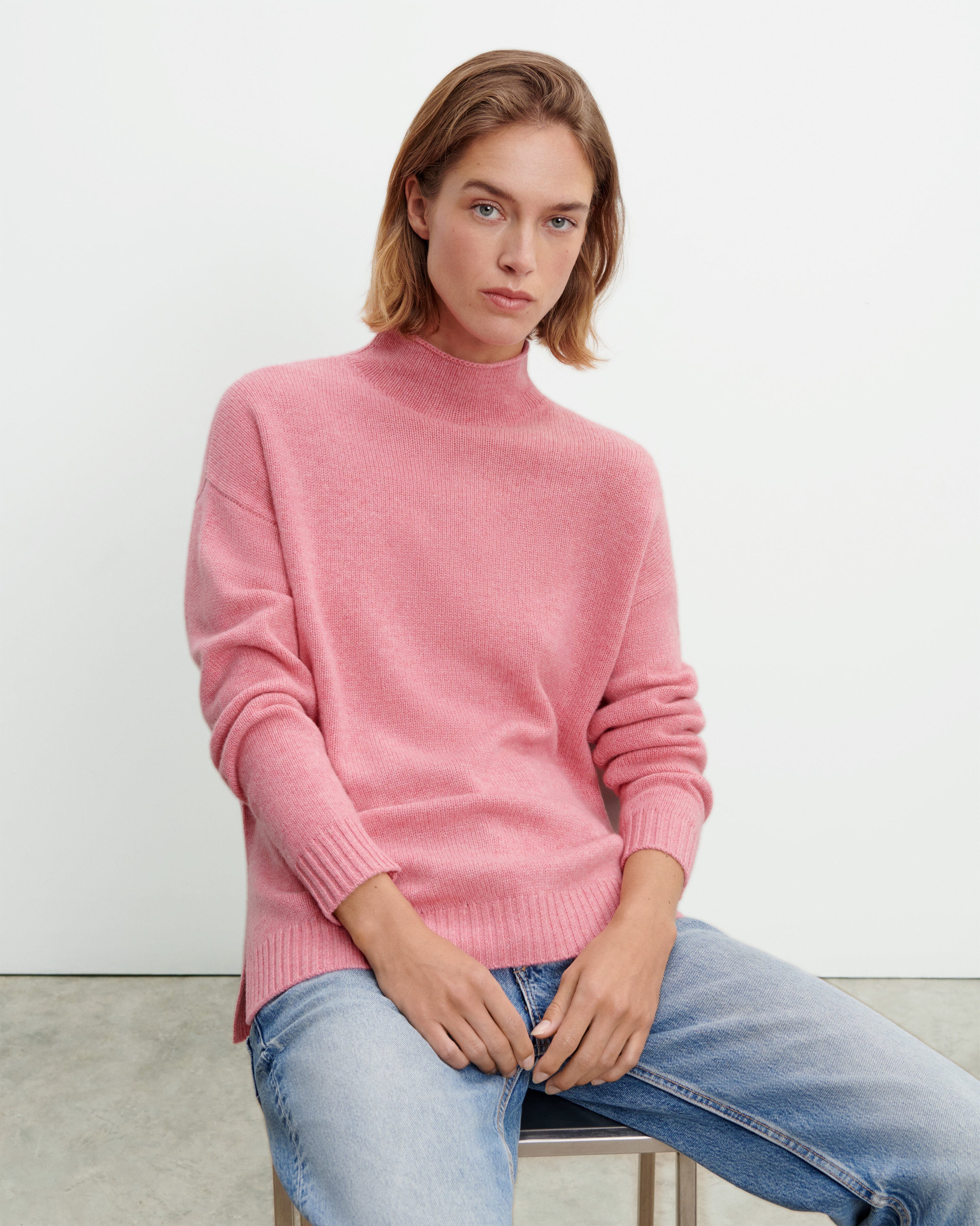 Pull col montant ample-ROSE CAMEO-100% cachemire