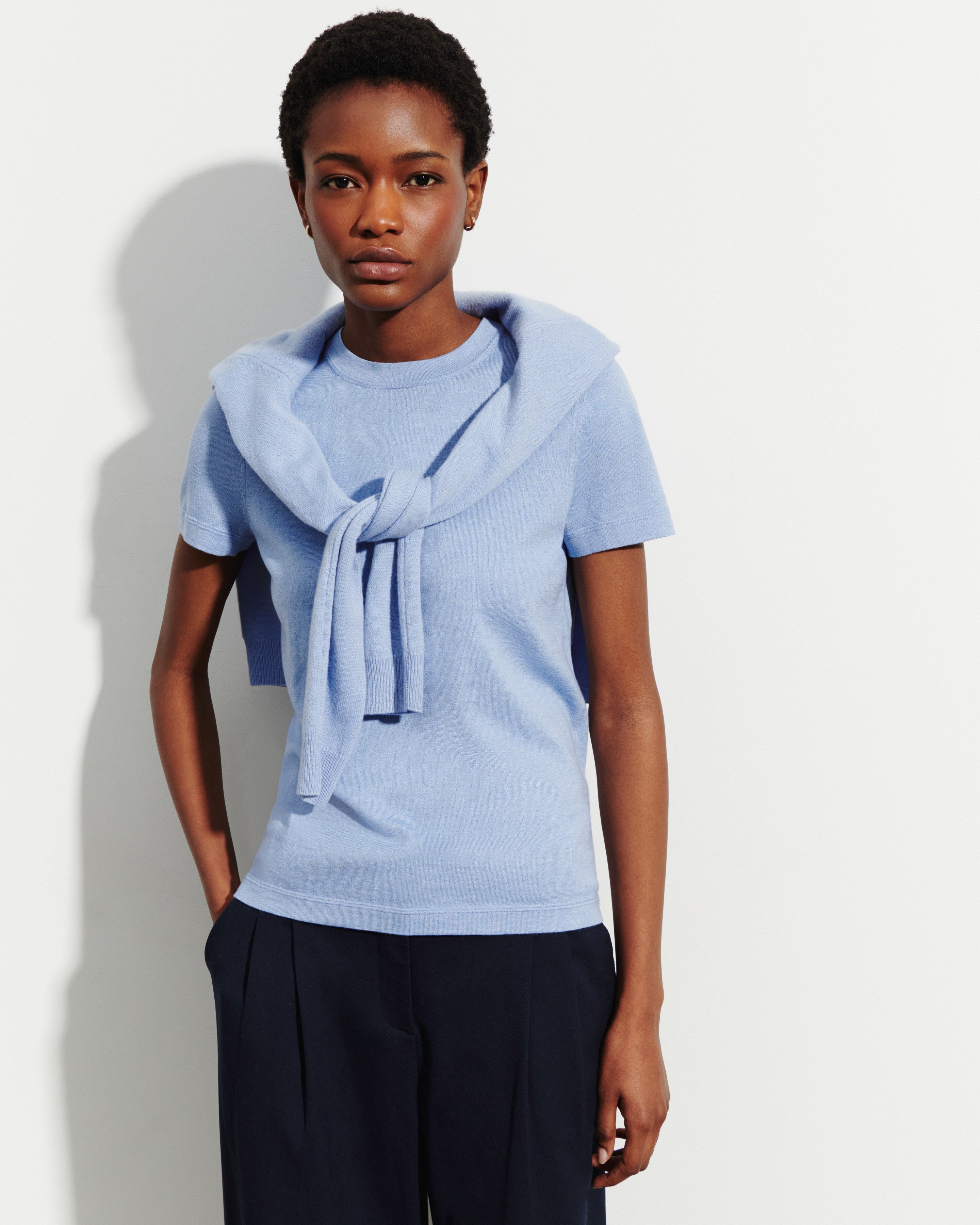 T-shirt ultrafin-BLEU AGATE-85% pima coton 15% cachemire