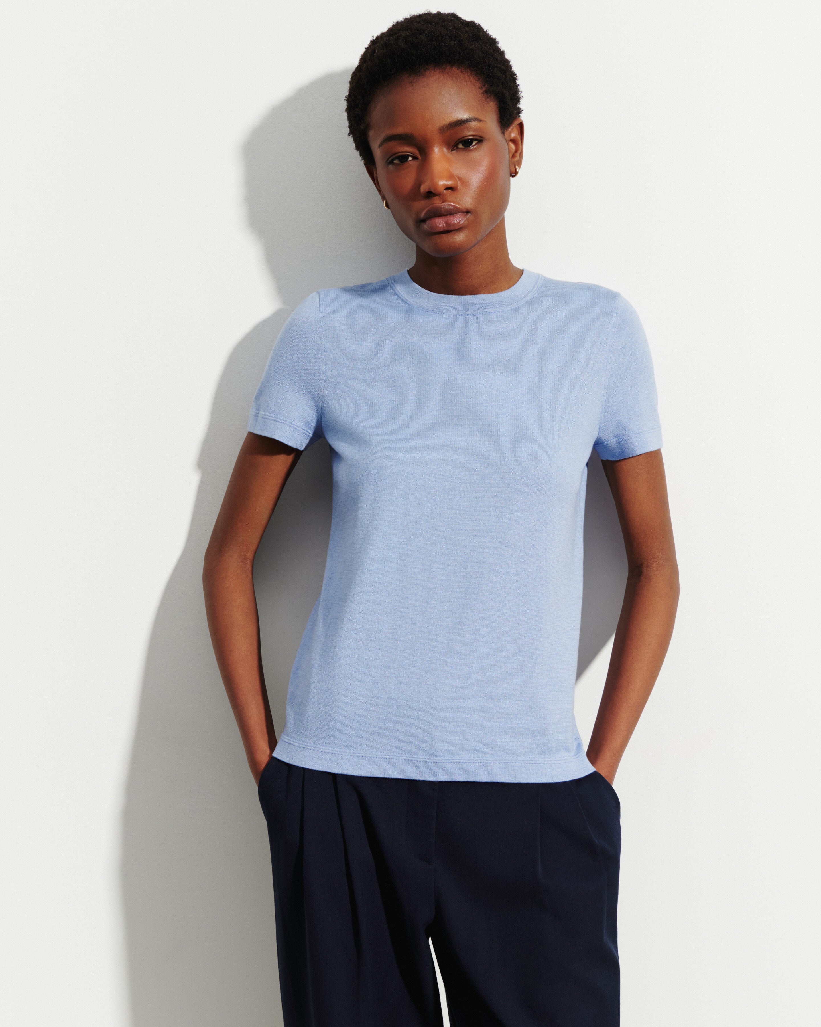 T-shirt ultrafin-BLEU AGATE-85% pima coton 15% cachemire