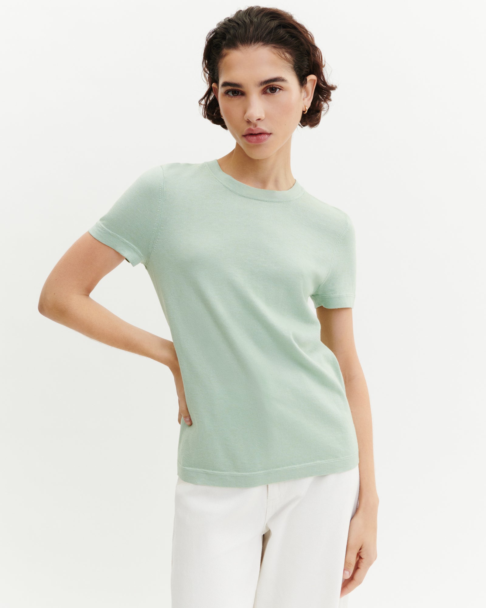 T-shirt ultrafin-VERT AMANDE-85% pima coton 15% cachemire
