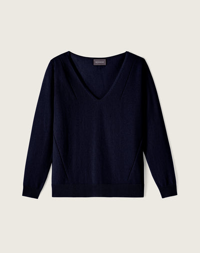 Pull V ample col à même lignes pointelle-MARINE-100% cachemire