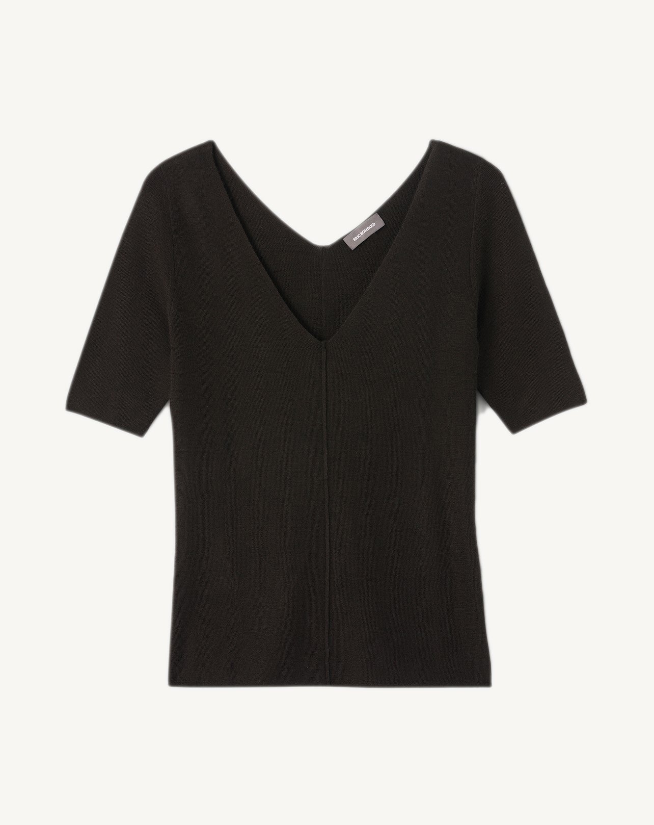 Col V manches courtes maille unie-NOIR-70% CACHEMIRE 30% SOIE