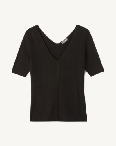 Col V manches courtes maille unie-NOIR-70% CACHEMIRE 30% SOIE