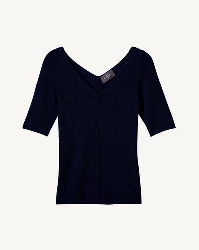 Col V manches courtes maille unie-MARINE-70% CACHEMIRE 30% SOIE