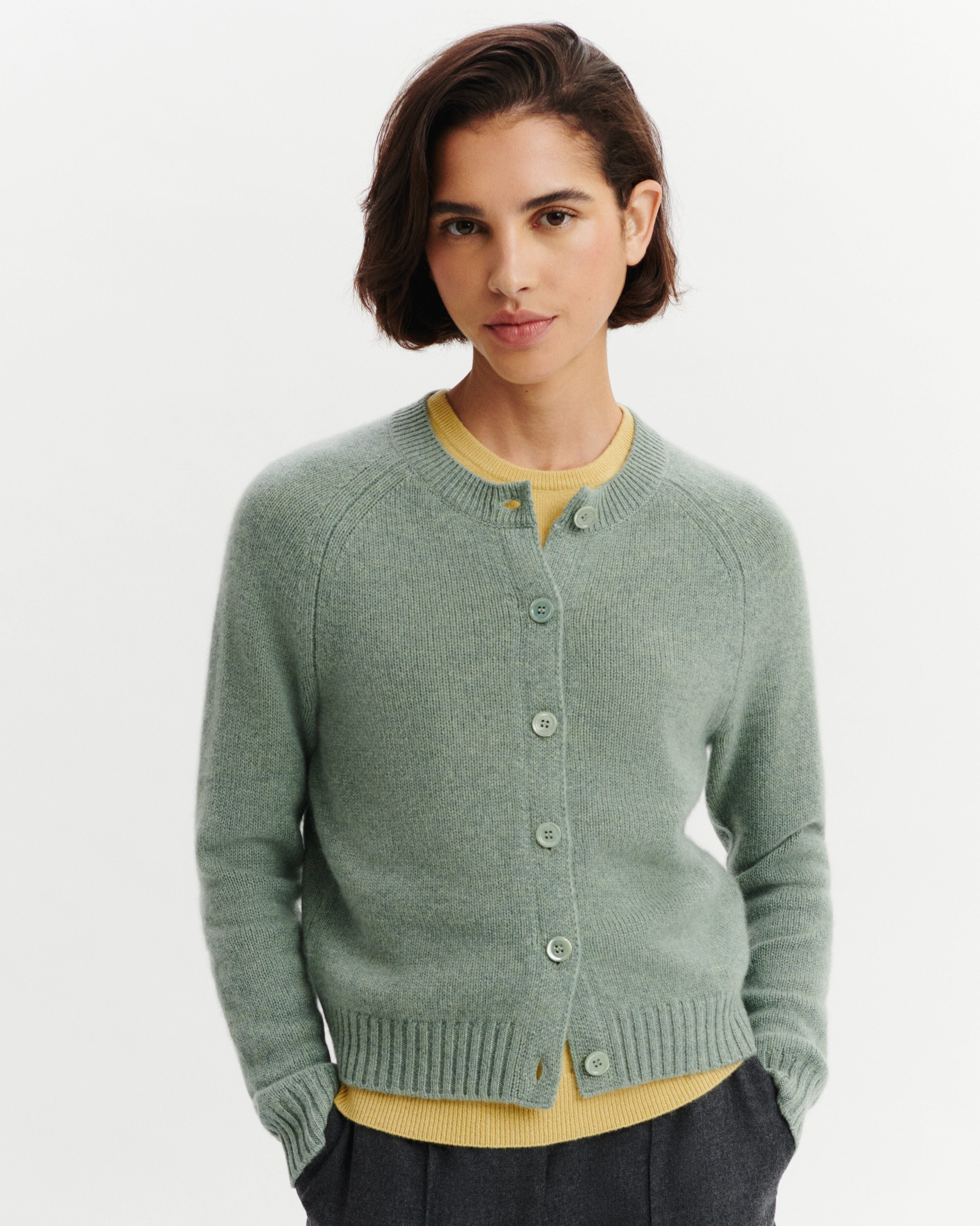 Cardigan manches raglan-VERT DE GRIS-100% cachemire