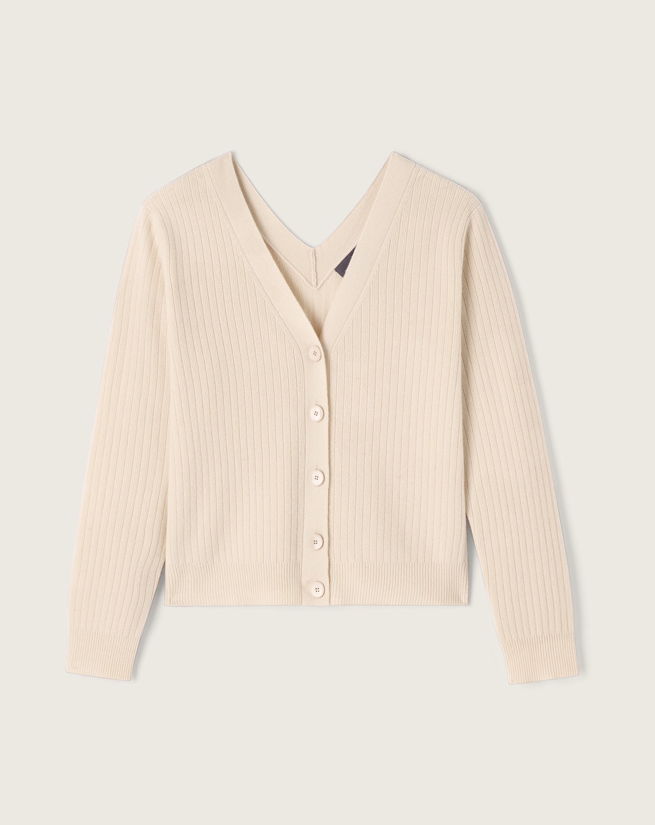 Gilet ample côtes plates encolure V devant et dos-CREAM-100% cachemire