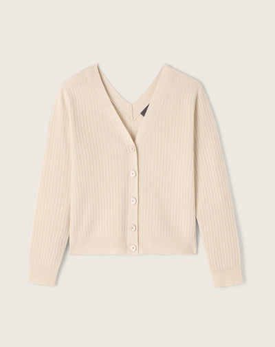 Gilet ample côtes plates encolure V devant et dos-CREAM-100% cachemire