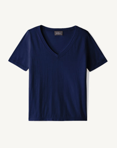 T-shirt col V ultrafin-MARINE-85% PIMA COTON 15% CACHEMIRE