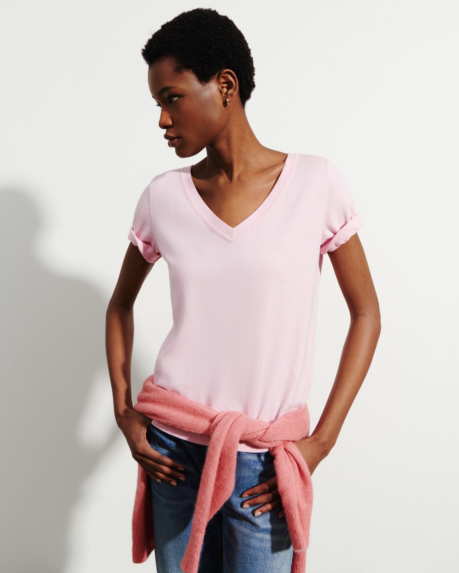 T-shirt col V-SAKURA-85% pima coton 15% cachemire