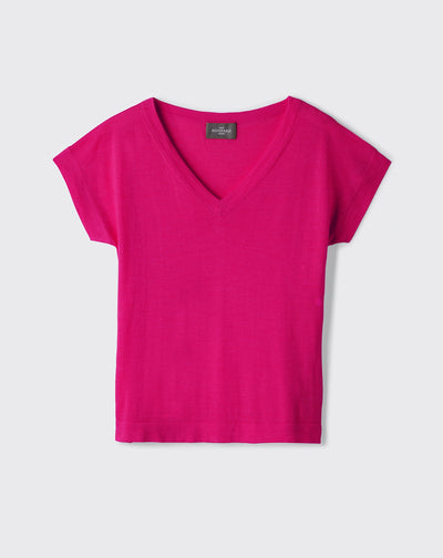 T-shirt col V -FUCHSIA-70% CACHEMIRE 30% SOIE