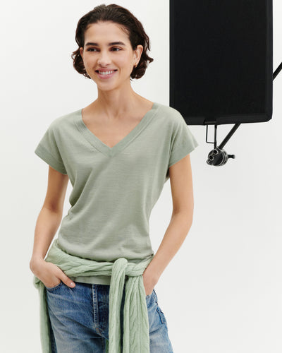 T-shirt col V -VERT AMANDE-70% cachemire 30% soie