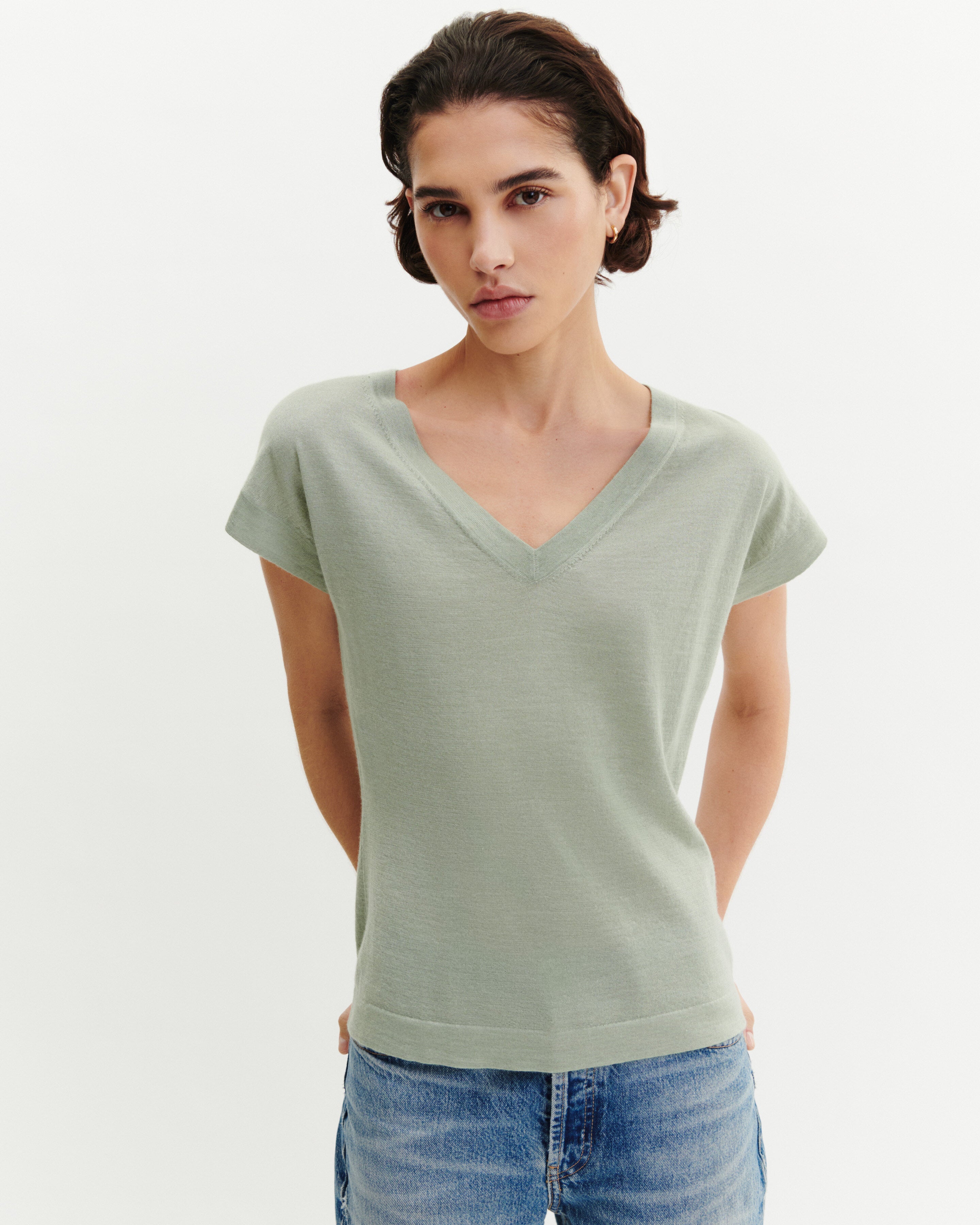 T-shirt col V -VERT AMANDE-70% cachemire 30% soie