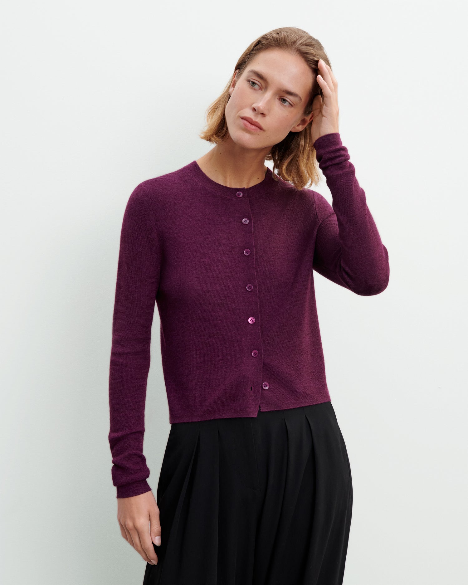 Cardigan maille unie-PRUNE DAMAS-70% cachemire 30% soie