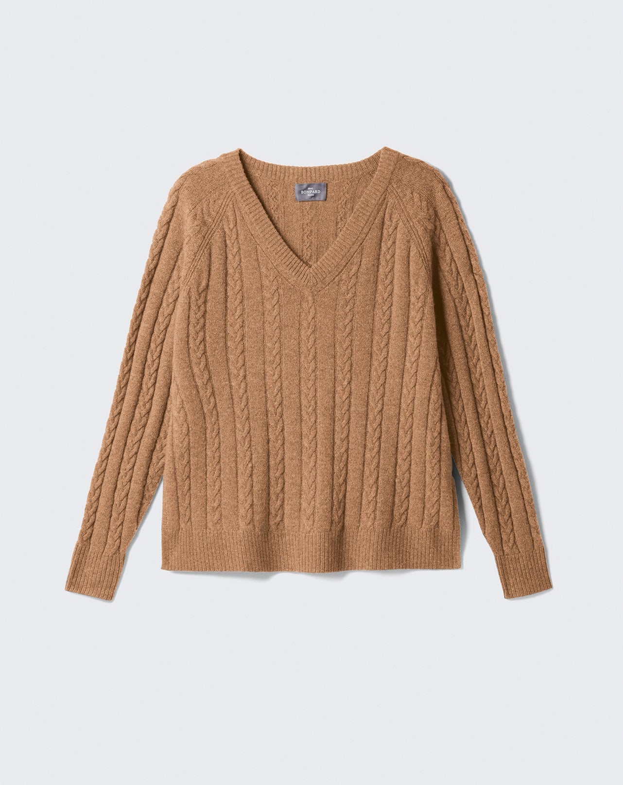 Pull V à torsades-CARAMEL-100% CACHEMIRE