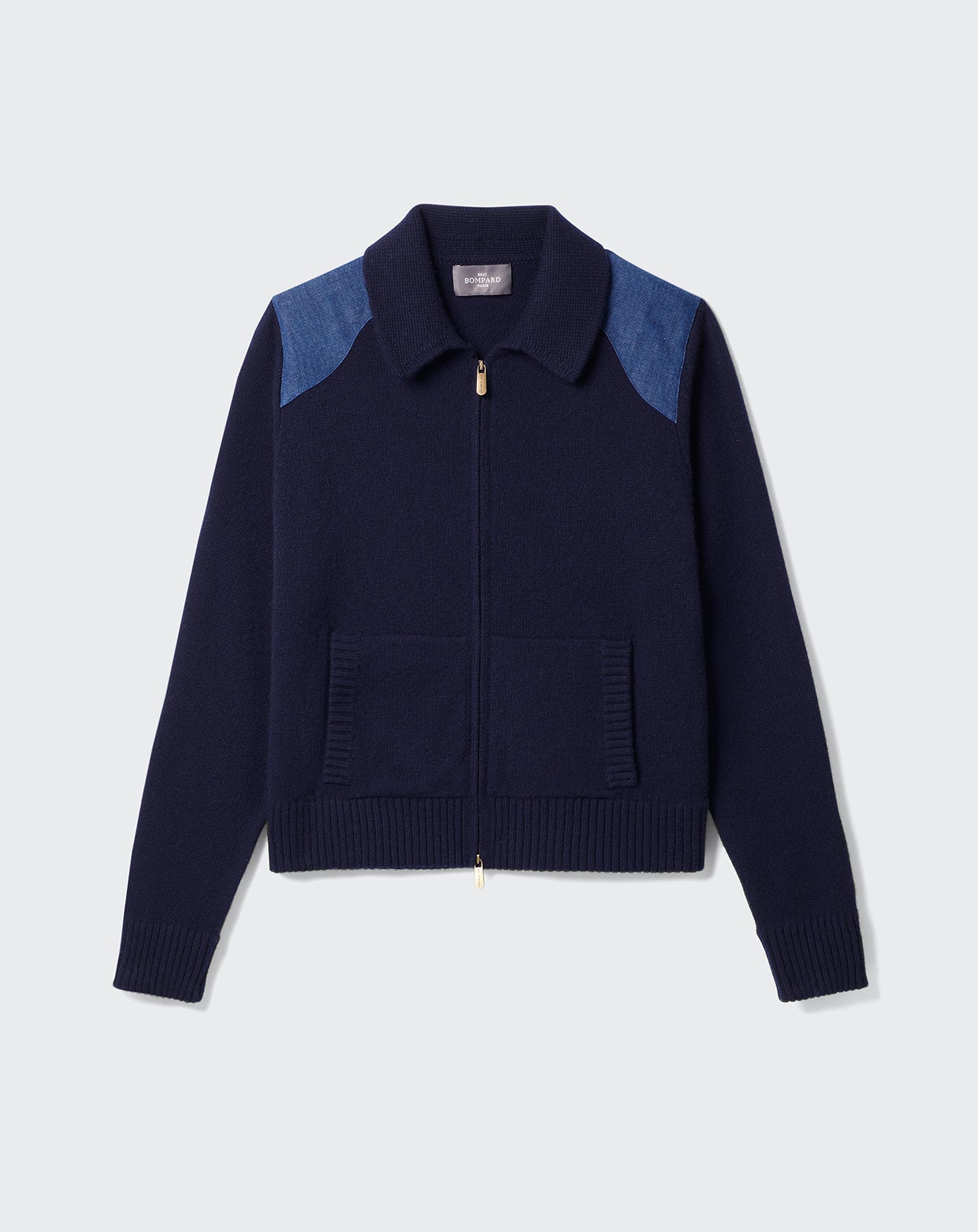 Veste zippée à inserts denim-MARINE-100% CACHEMIRE