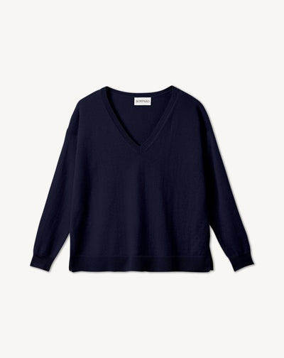 Pull V ample fentes côtés-MARINE-100% CACHEMIRE
