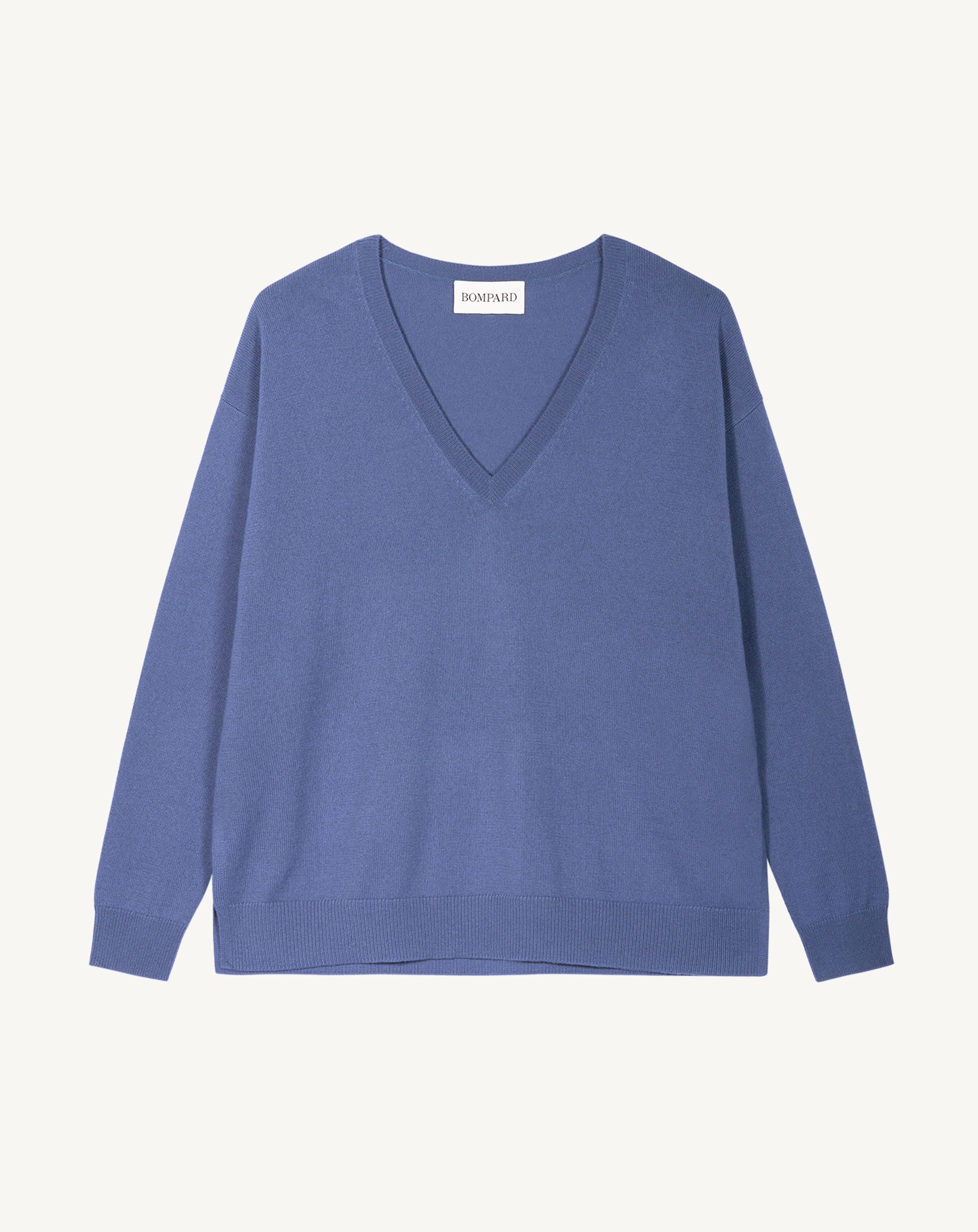 Pull col V ample fin-BLEU ATLAS-100% cachemire
