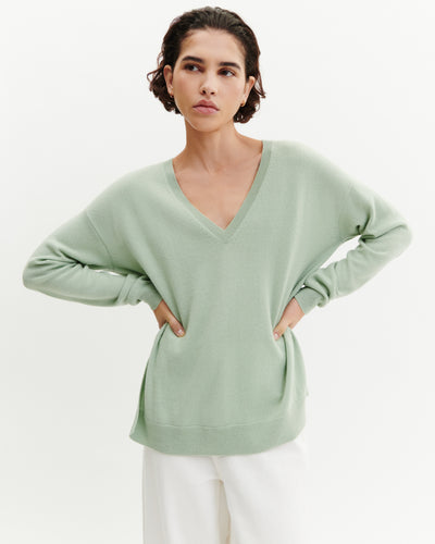 Pull col V ample fin-VERT AMANDE-100% cachemire