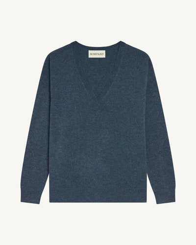 Pull col V ample fin-BLEU GRANIT-100% cachemire