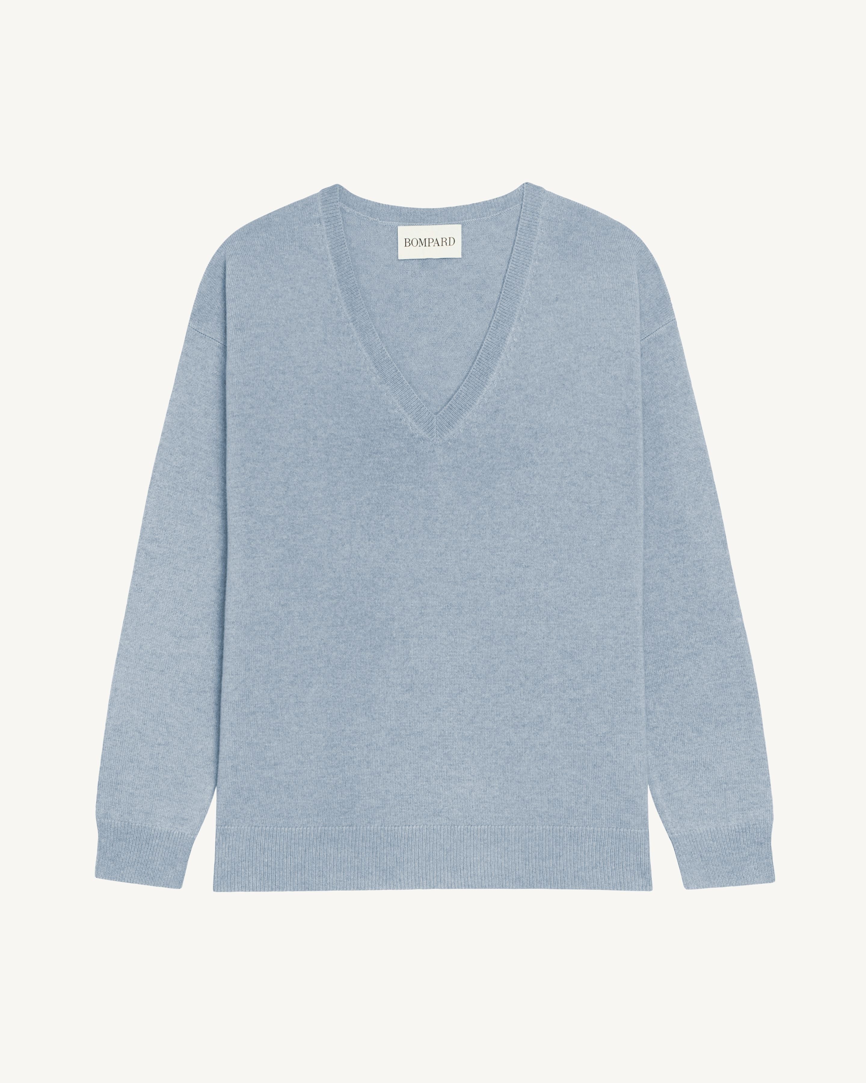 Pull col V ample fin-BLEU GLACIER-100% cachemire