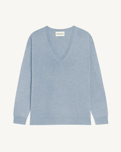 Pull col V ample fin-BLEU GLACIER-100% cachemire