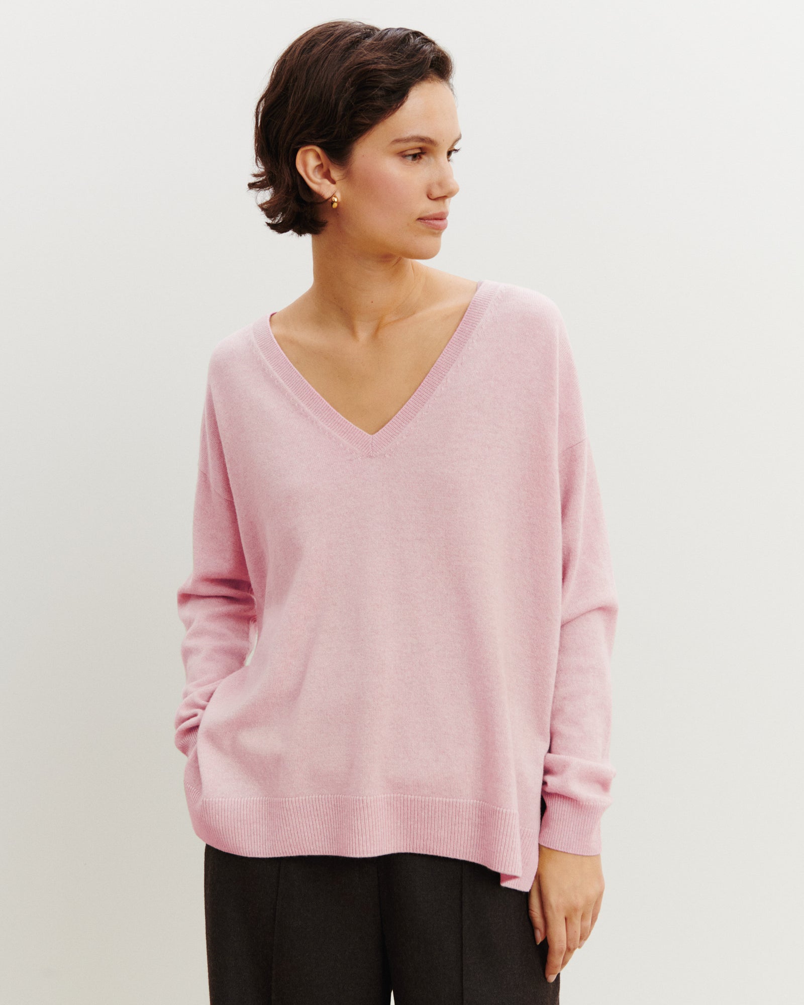 Pull col V ample fin-ROSE QUARTZ-100% cachemire