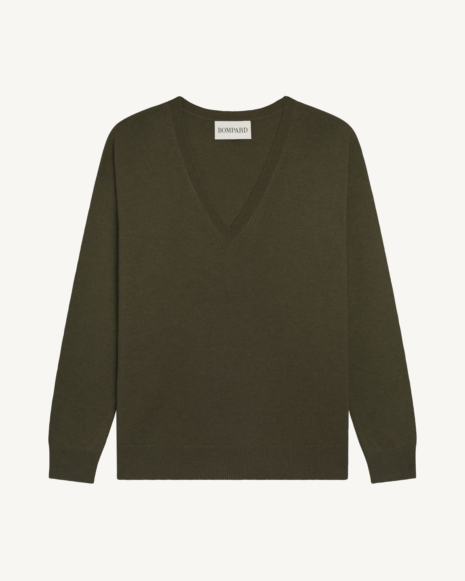 Pull col V ample fin-KAKI KOMBU-100% cachemire