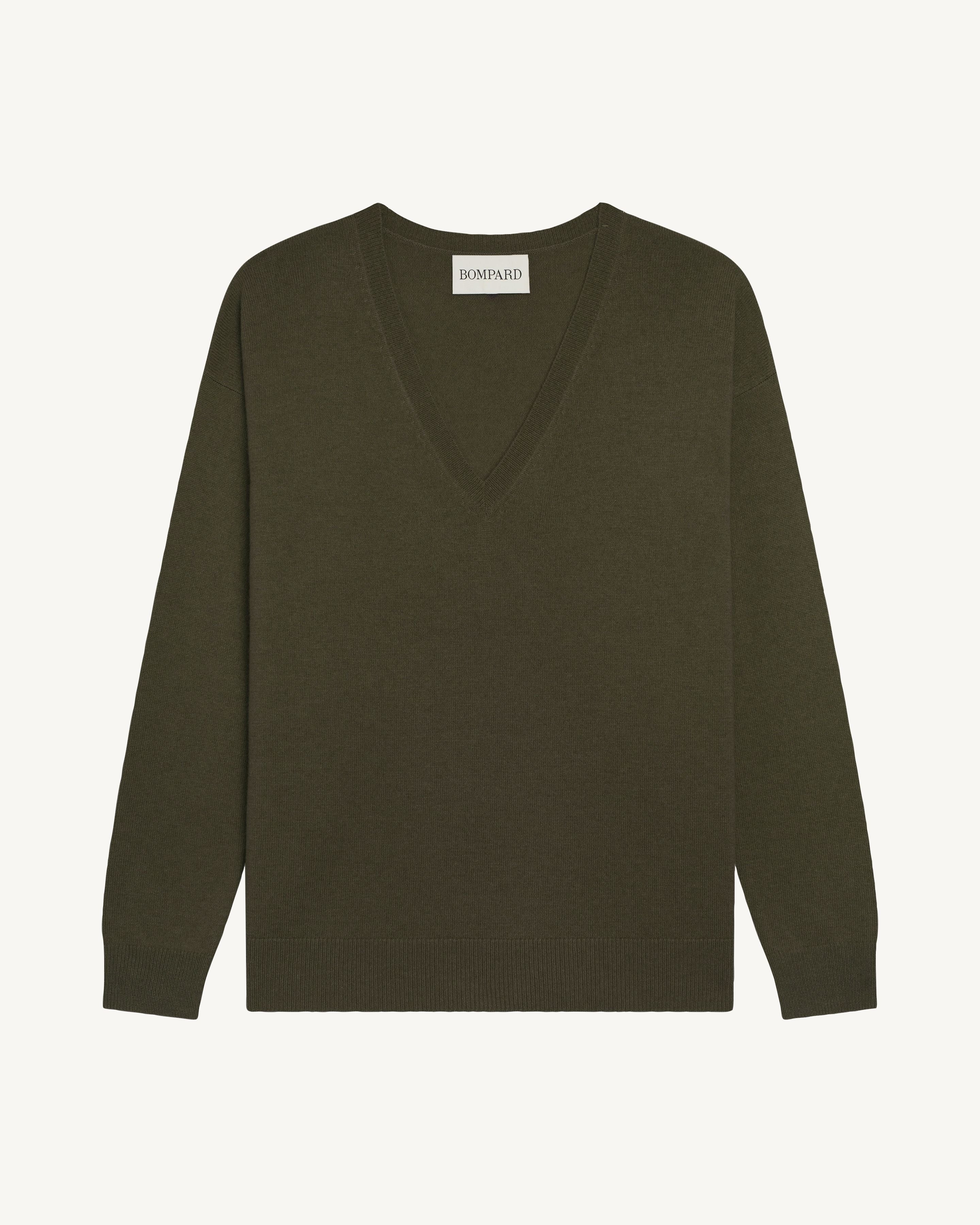 Pull col V ample fin-KAKI KOMBU-100% cachemire