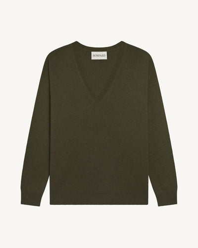 Pull col V ample fin-KAKI KOMBU-100% cachemire