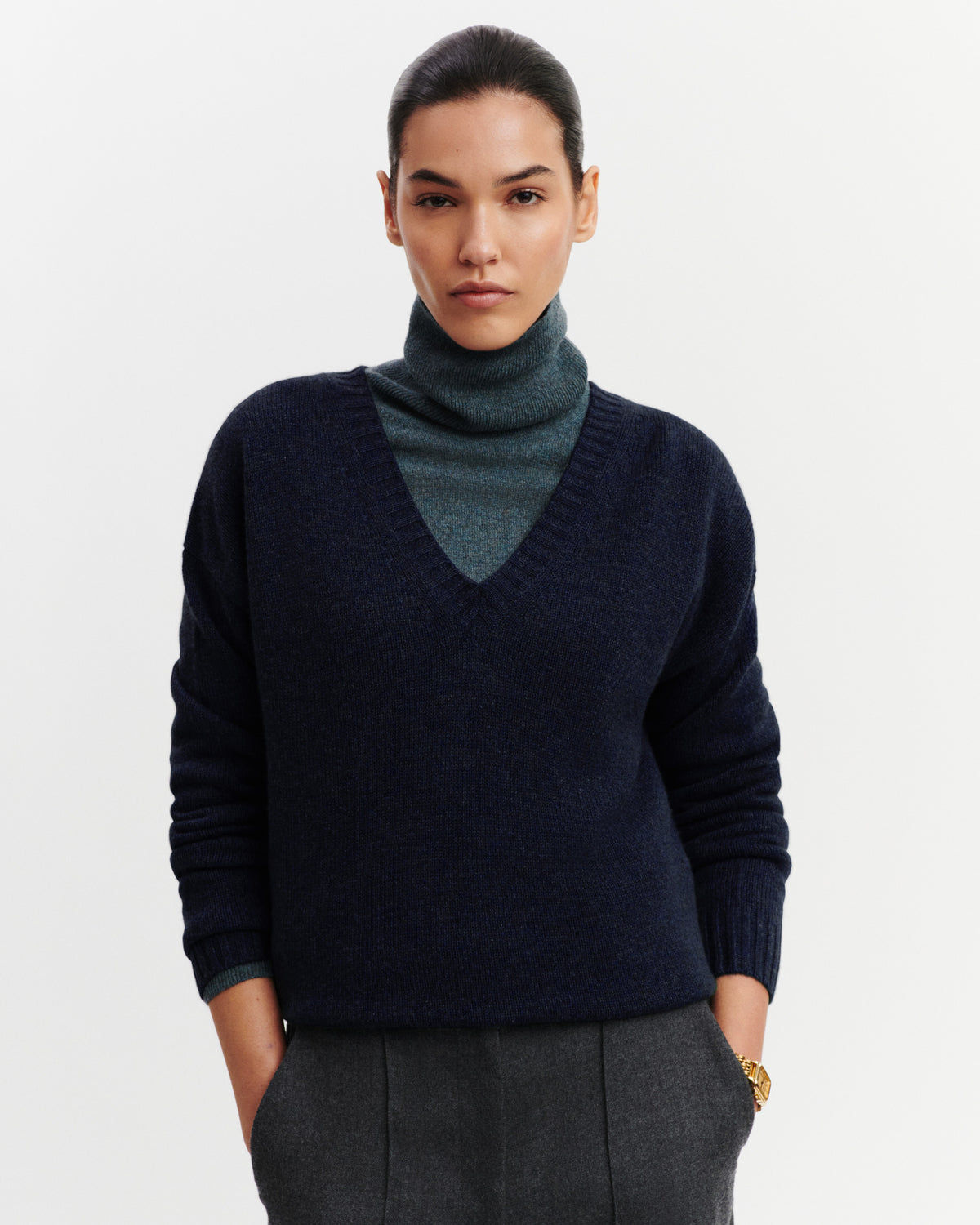Pull col V Léonore-MARINE-100% cachemire