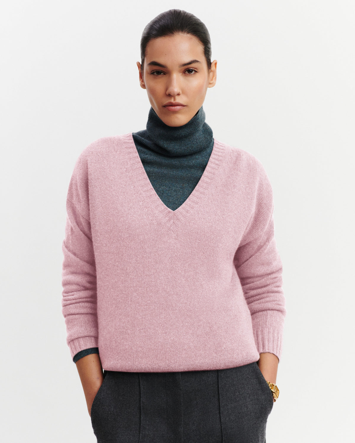 Pull col V Léonore-ROSE QUARTZ-100% cachemire
