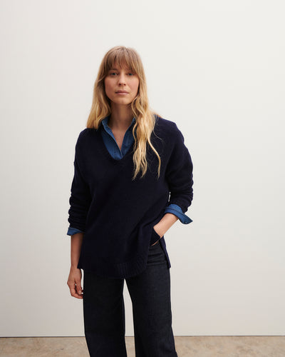 Pull col V ample-MARINE-100% cachemire