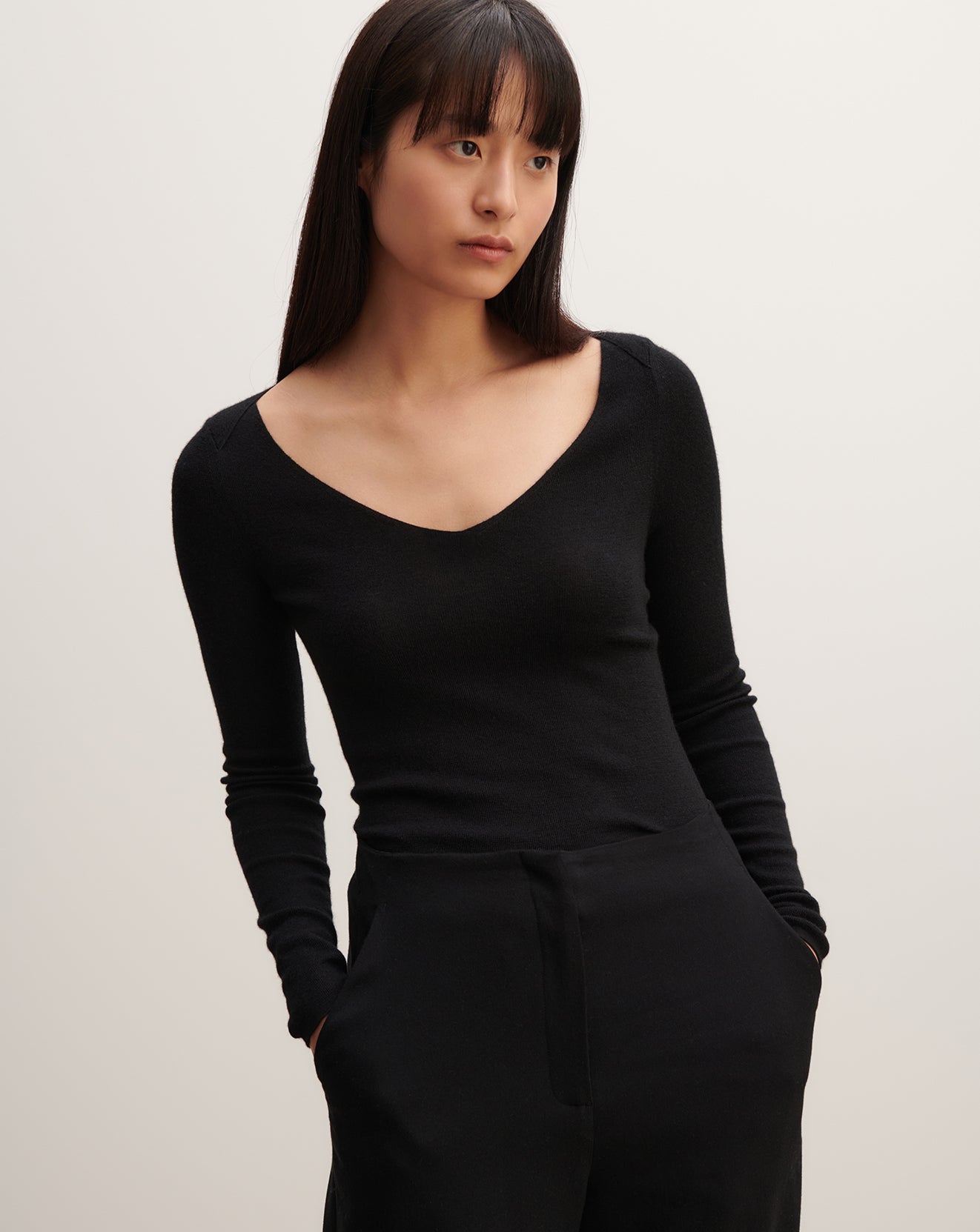 Pull col V maille unie-NOIR-70% cachemire 30% soie
