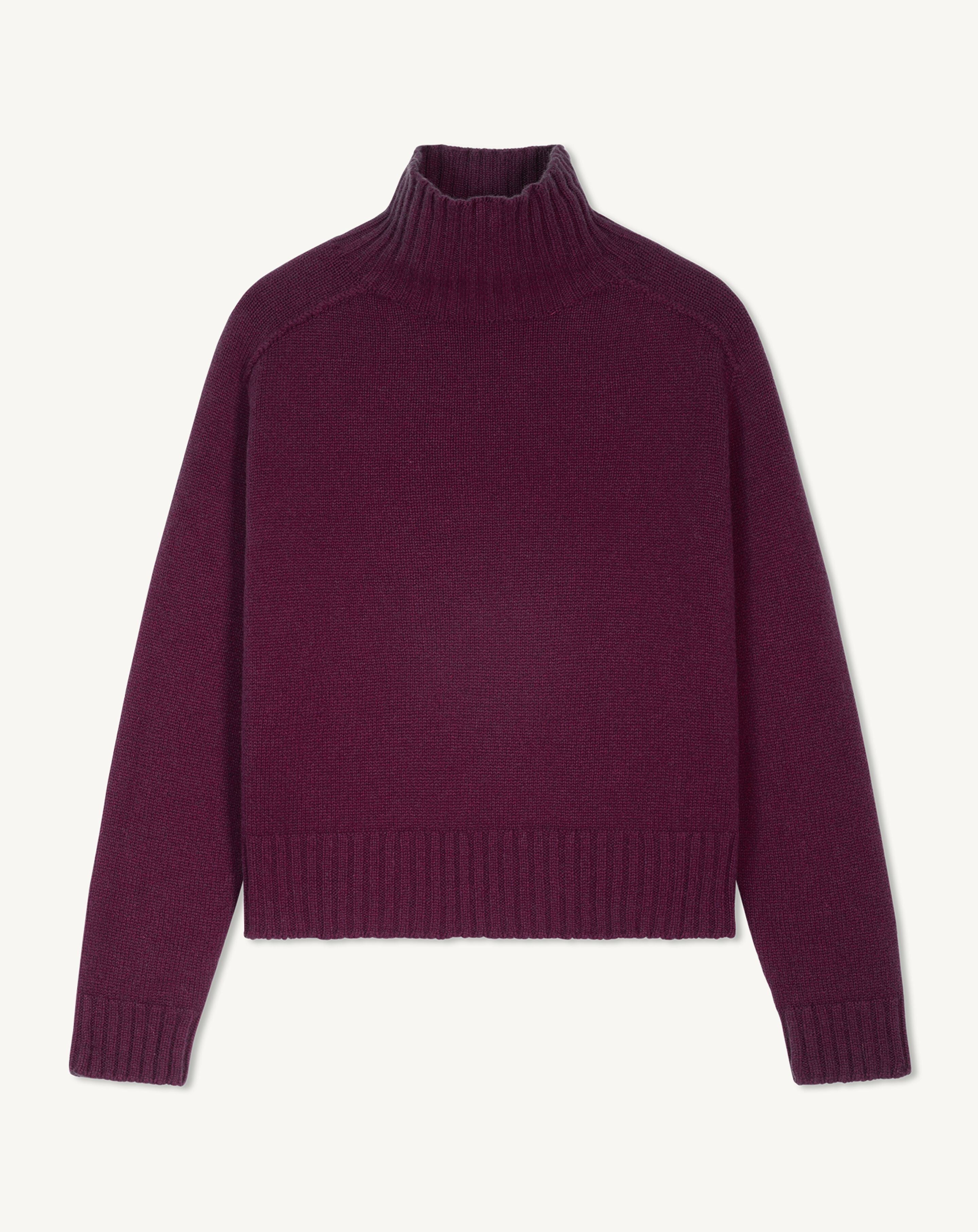 Col montant manches marteau-PRUNE DAMAS-100% cachemire