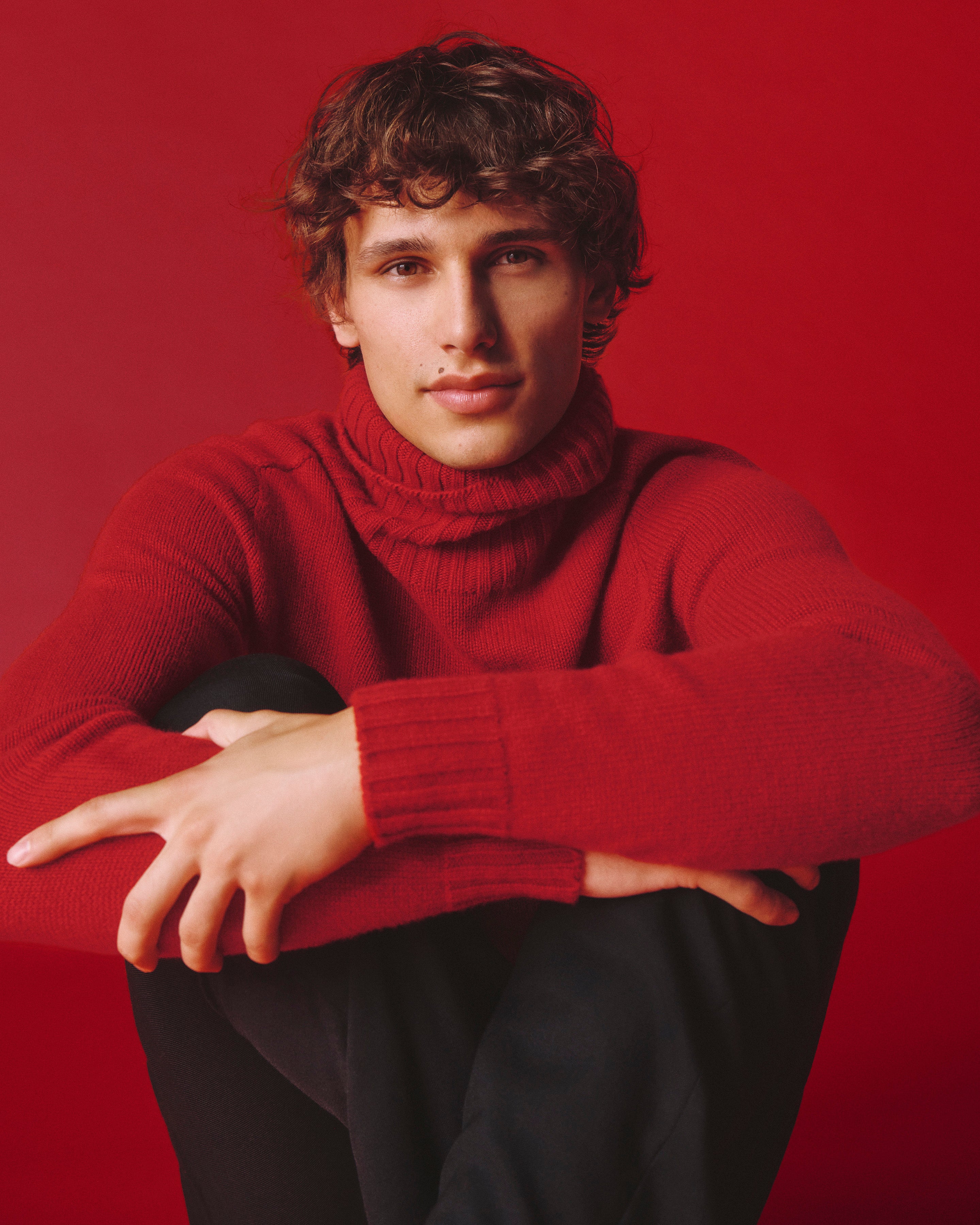 Col roulé manches marteau-ROUGE TANGO-100% cachemire