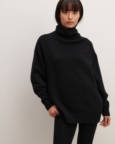 Col roulé manches marteau-NOIR-100% cachemire