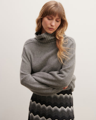 Col roulé manches marteau-GRIS METEORITE-100% cachemire