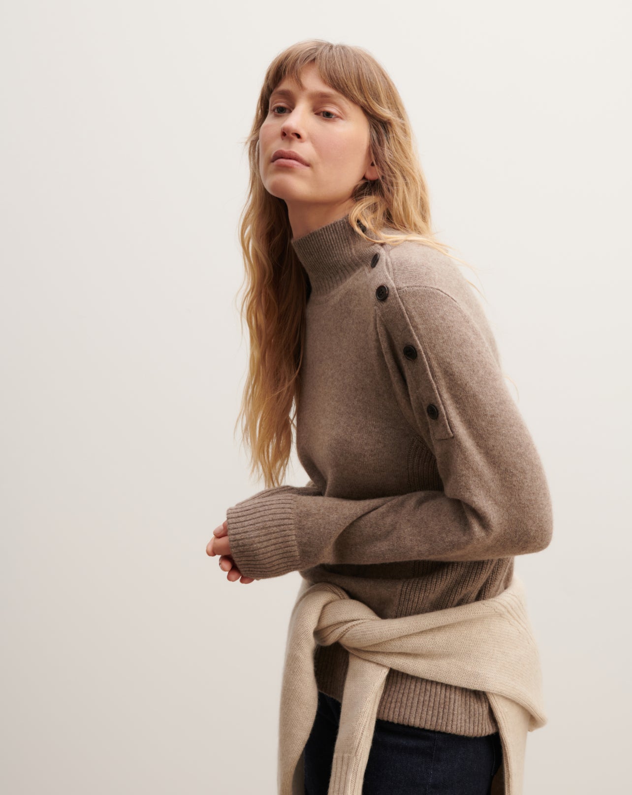 Pull col montant à boutons-TAUPE-50% cachemire 50% yak