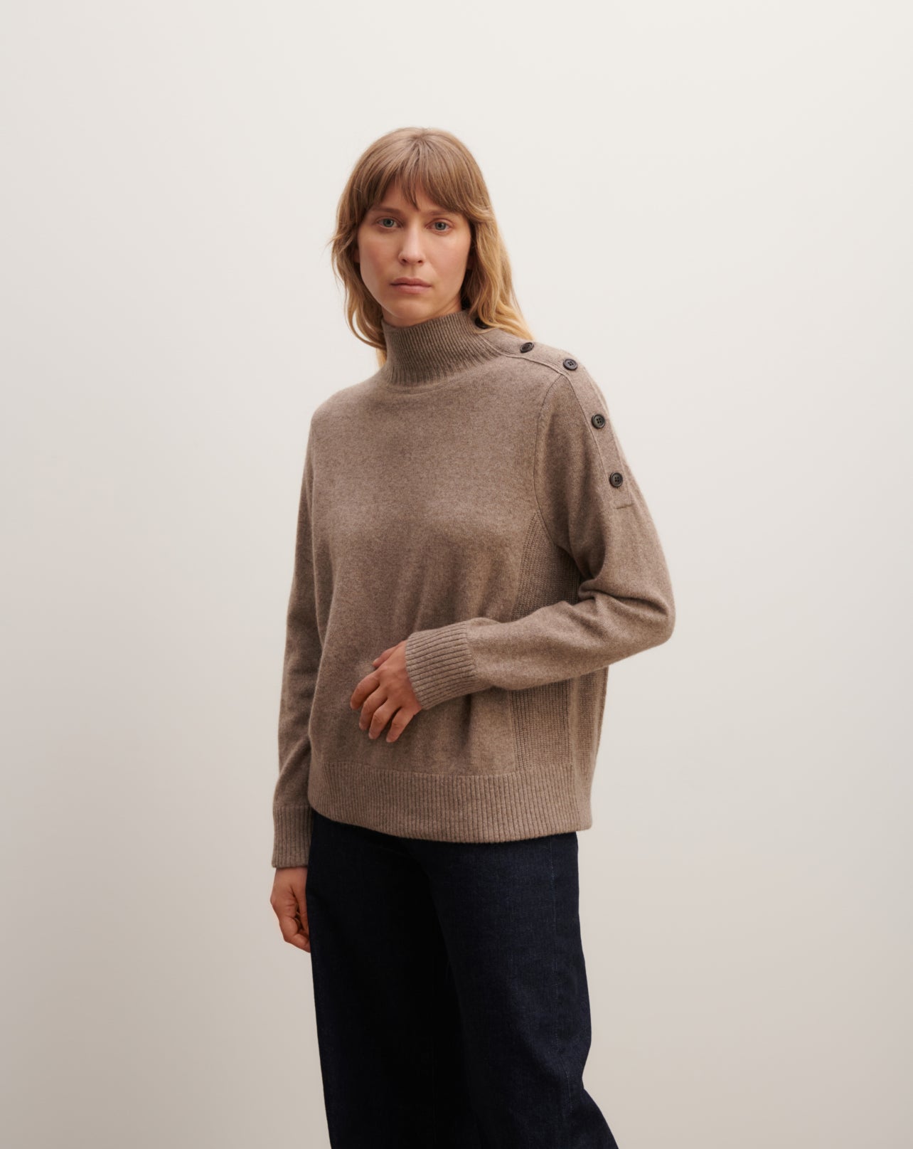 Pull col montant à boutons-TAUPE-50% cachemire 50% yak