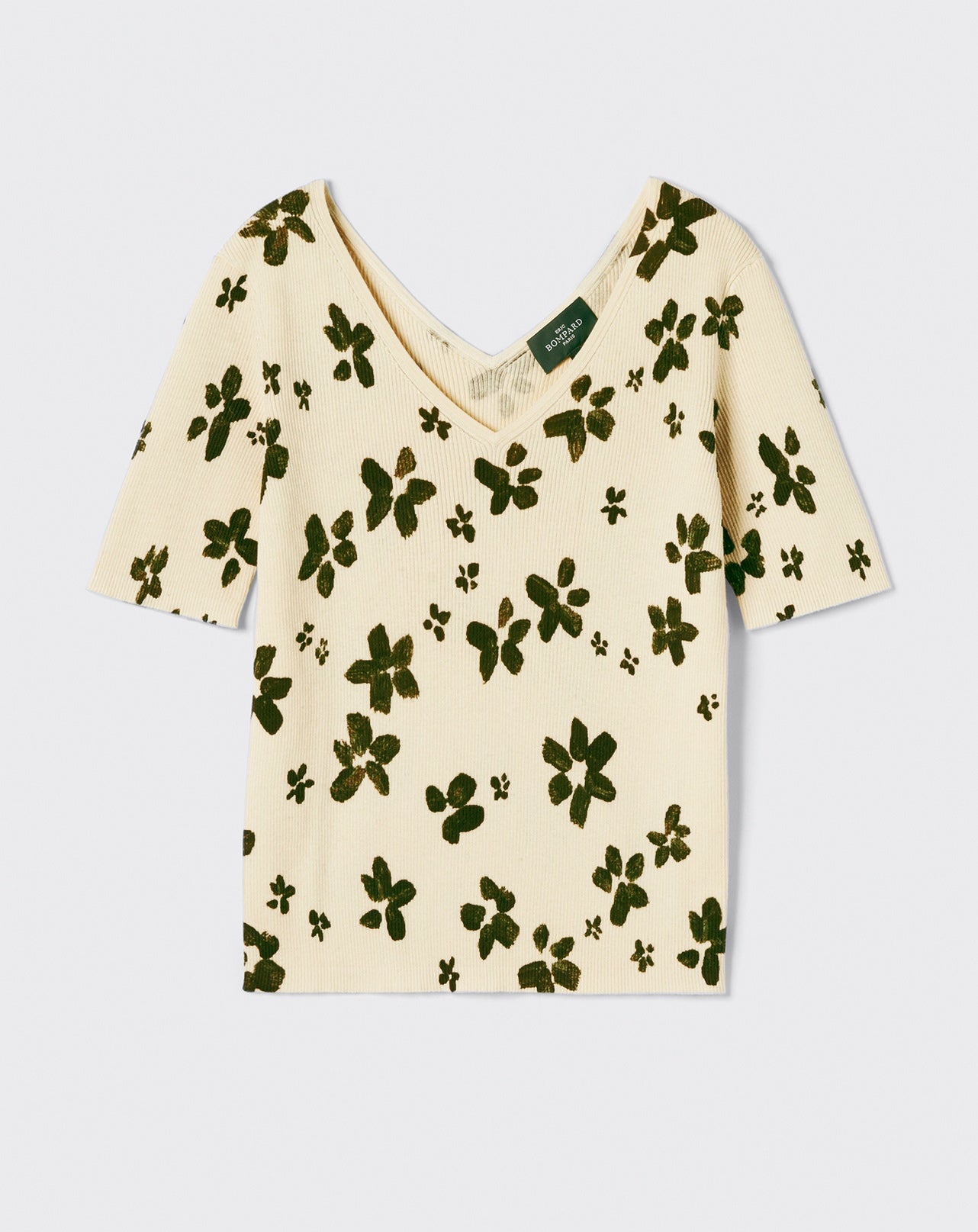Pull V ultrafin imprimé fleurs-NATUREL/KAKI OMBRE-85% PIMA COTON 15% CACHEMIRE