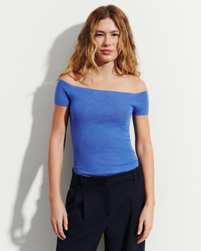 Top ajusté en maille unie-BLEU ALTHEA-70% cachemire 30% soie
