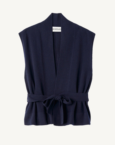 Veste cosy ceinturée sans manches-MARINE-100% CACHEMIRE