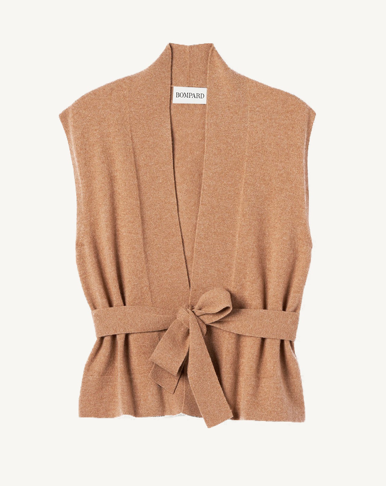Veste cosy ceinturée sans manches-CARAMEL-100% CACHEMIRE