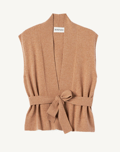 Veste cosy ceinturée sans manches-CARAMEL-100% CACHEMIRE